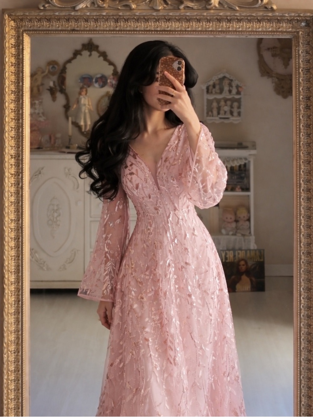 Blush Pink Long-Sleeve Embroidered V‑Neck Gown